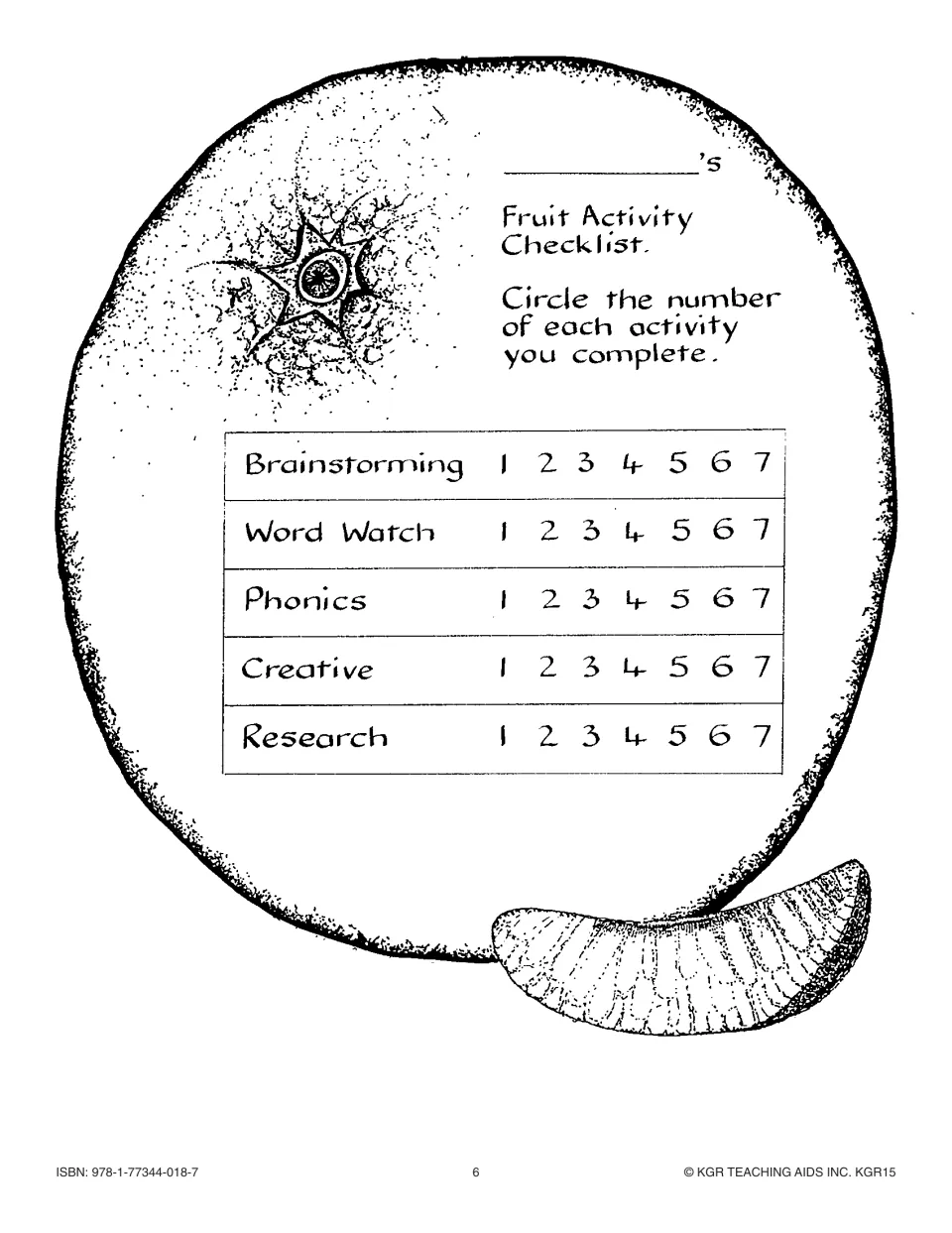 Fruit activity checklist tracks tasks 1–7 in brainstorming, Word Watch, phonics, creative work, and research