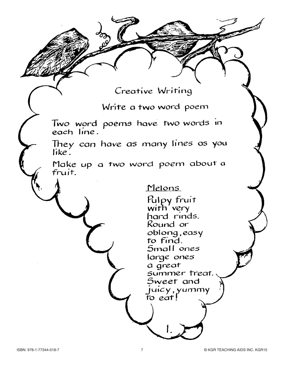 Creative writing activity 1 asks students to write a fruit poem with two words per line, using a melon example
