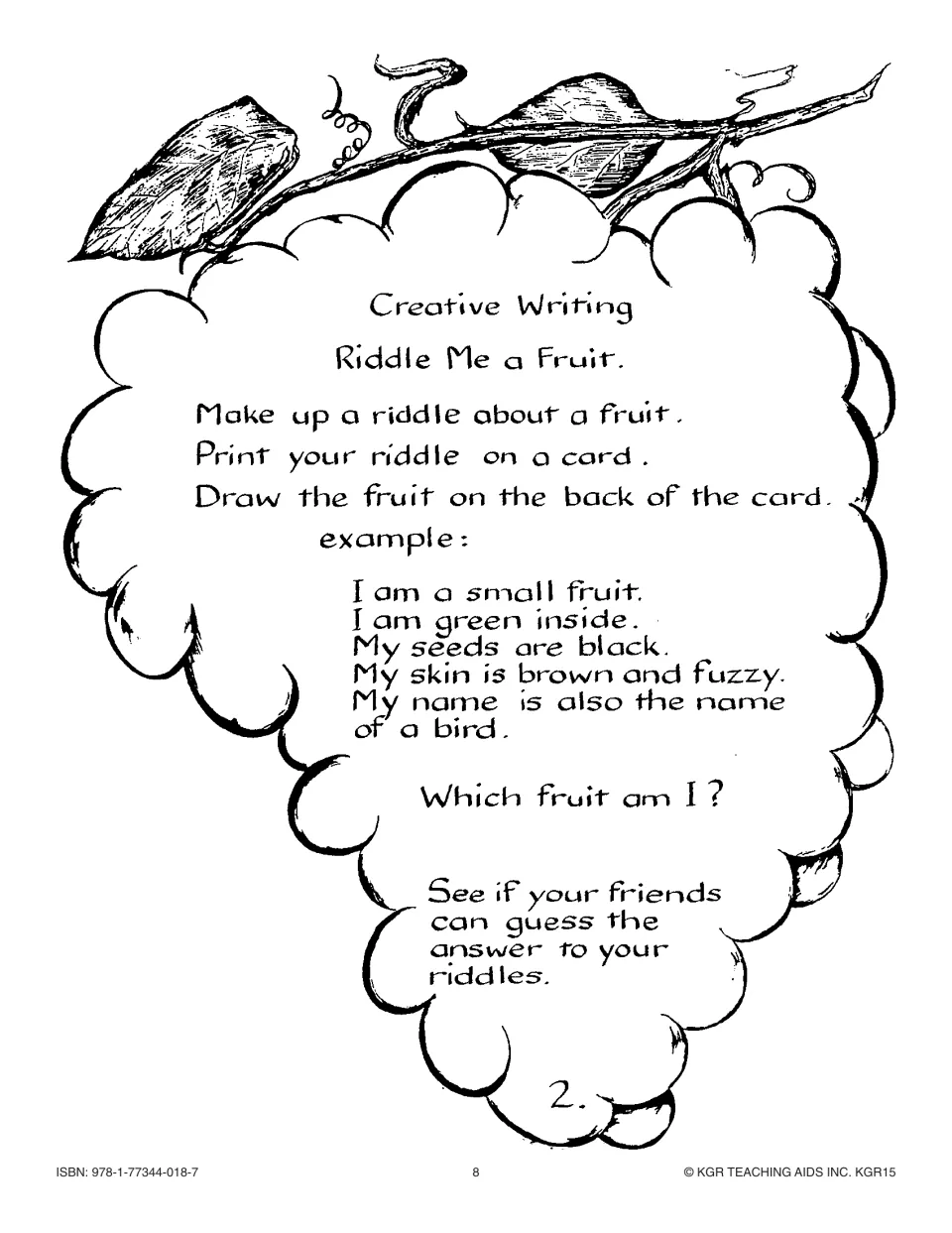 Creative writing activity 2 asks students to make a fruit riddle card and draw its answer, with a kiwi example