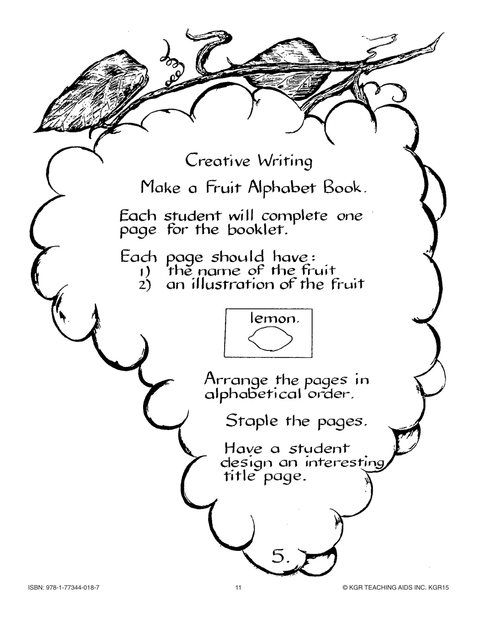 Creative writing activity 5 builds a class fruit alphabet book, with one fruit name and illustration per student