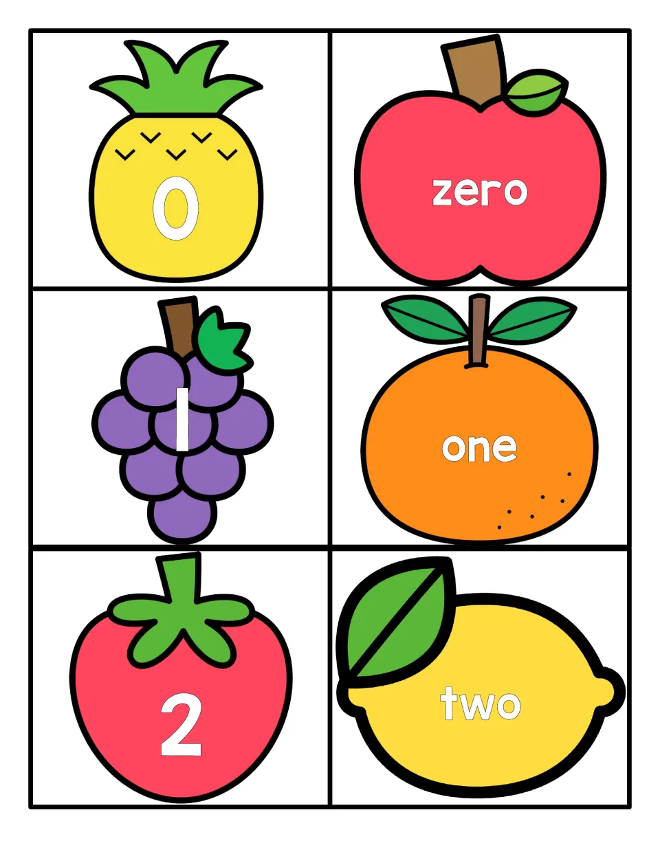 Numbers 0 to 2: numeral cards on pineapple, grapes and strawberry match the words zero, one and two on apple, orange, lemon