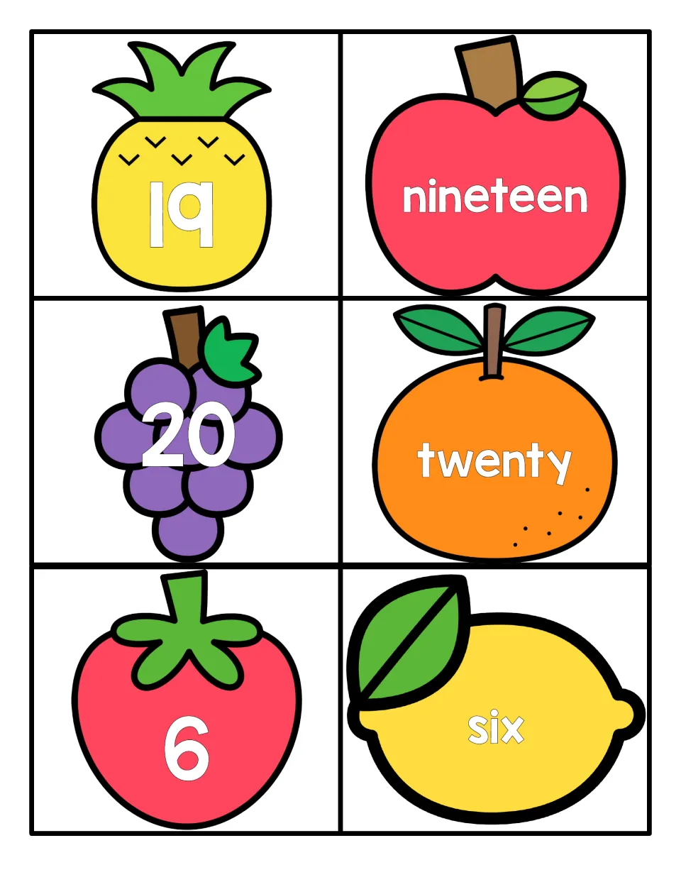 Numbers 19, 20 and 6: numeral cards on pineapple, grapes and strawberry match nineteen, twenty and six on other fruit