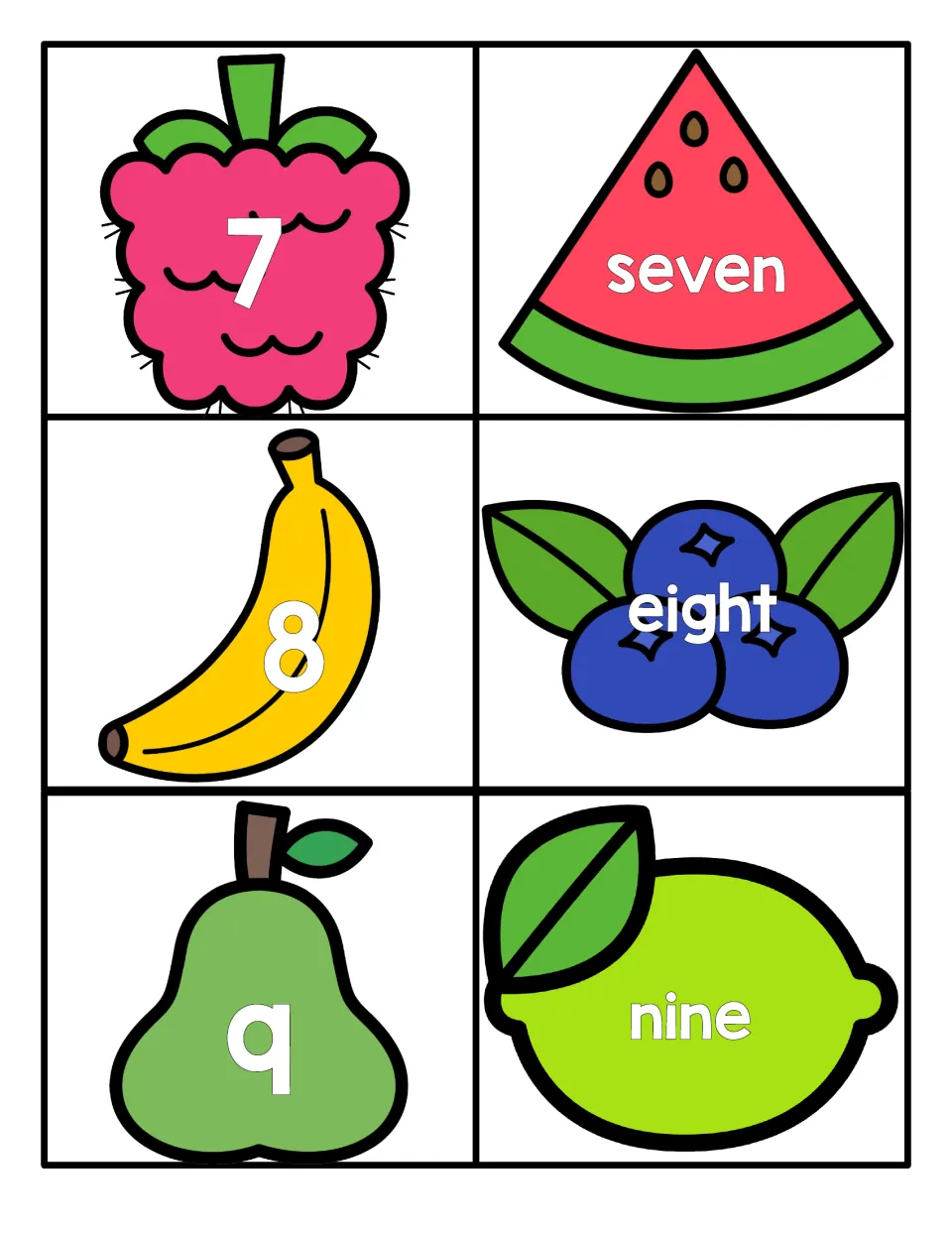 Numbers 7 to 9: numerals on raspberry, banana and pear cards pair with seven, eight and nine on watermelon, blueberry, lime