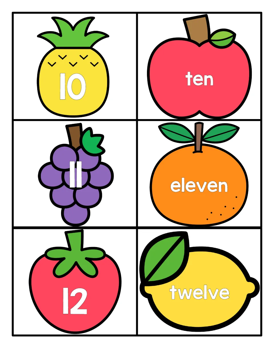 Numbers 10 to 12: numeral cards on pineapple, grapes and strawberry match the words ten, eleven and twelve on other fruit