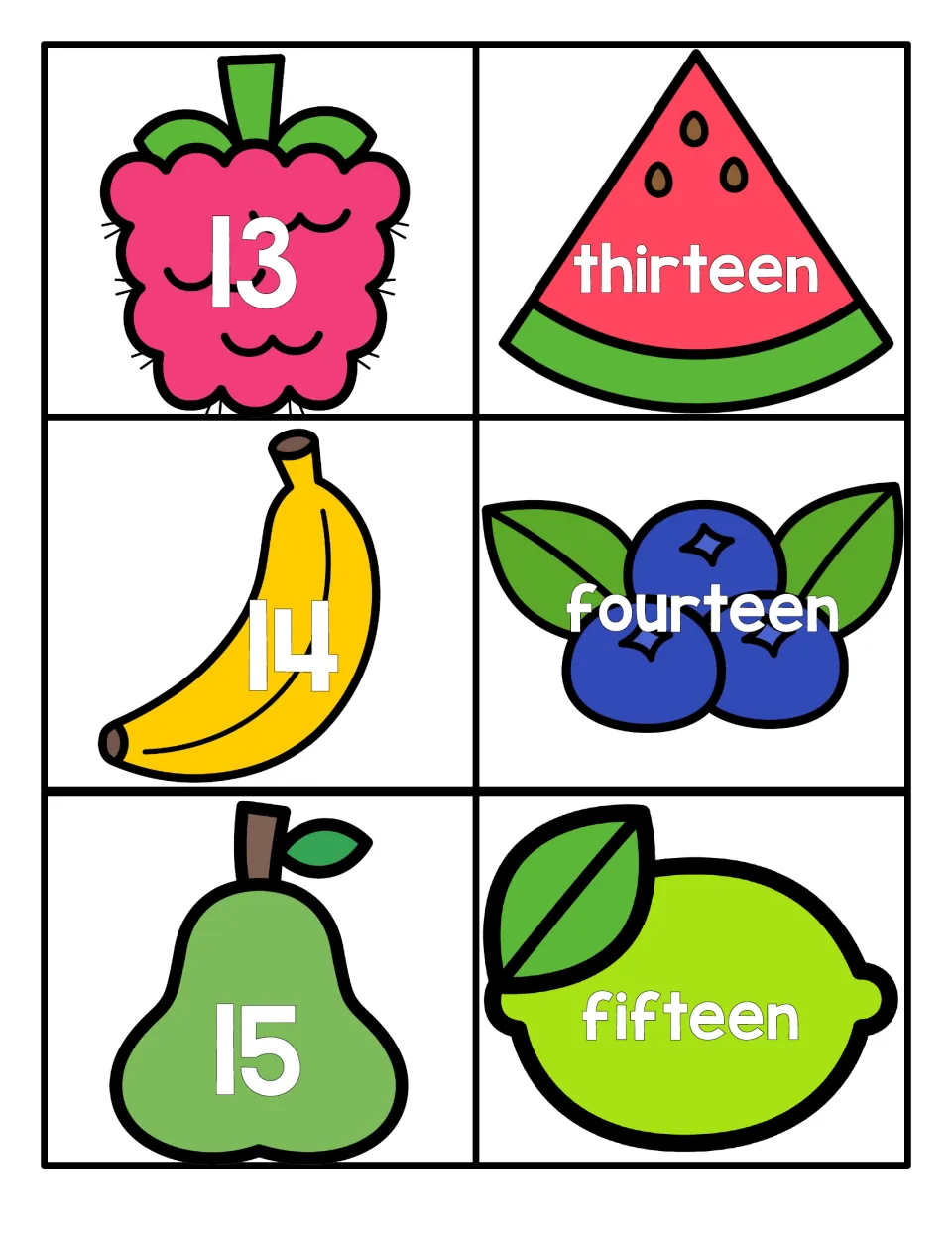 Numbers 13 to 15: numerals on raspberry, banana and pear cards pair with thirteen, fourteen and fifteen on other fruit