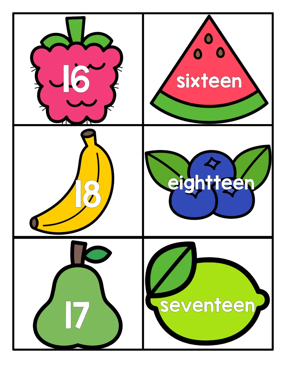 Numbers 16 to 18: numeral cards on raspberry, banana and pear match sixteen, seventeen and eighteen (printed eightteen)