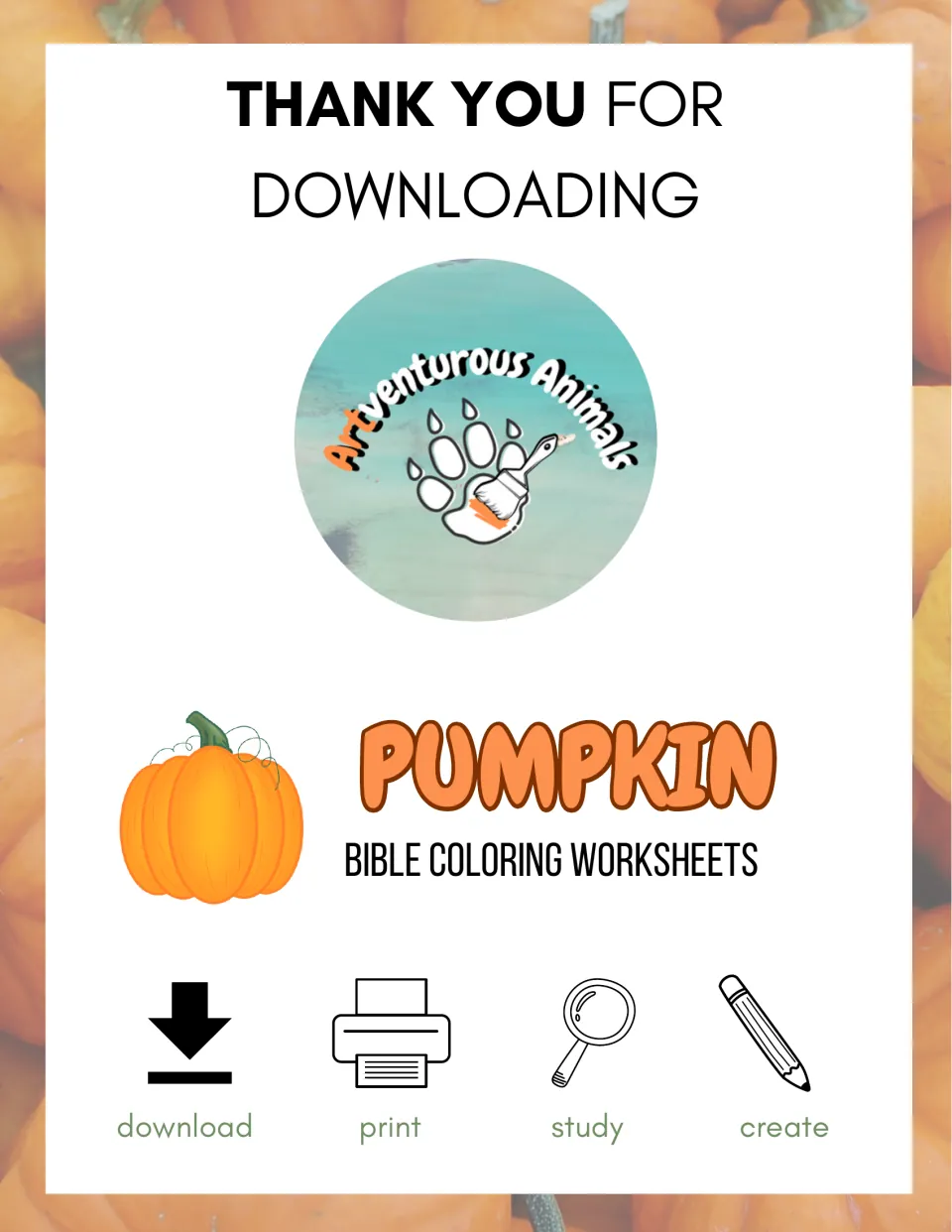 Pumpkin Bible coloring worksheets thank-you title page with a pumpkin drawing and the ARTventurous Animals logo