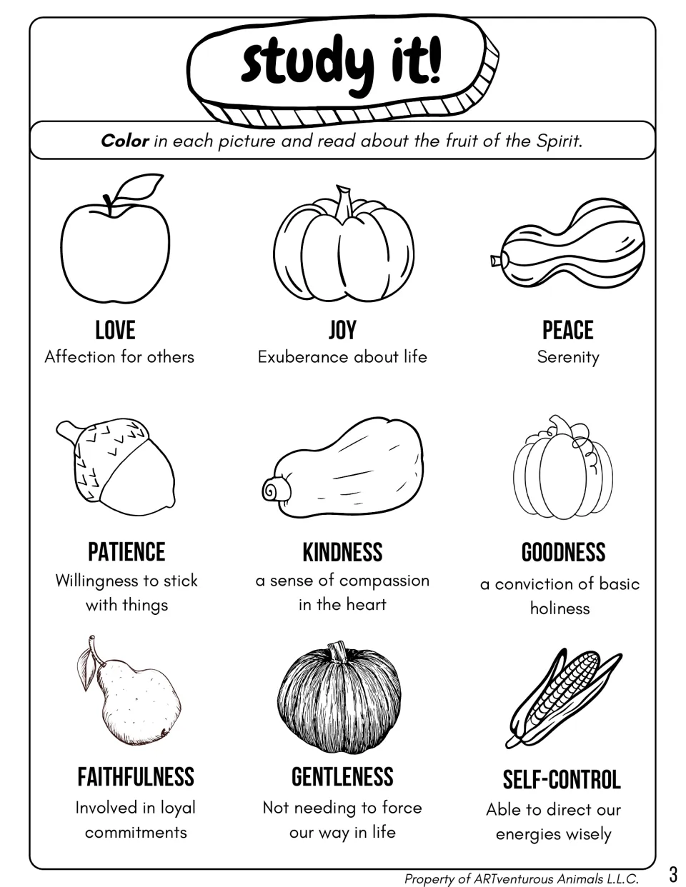Nine fruits of the Spirit overview: students color fall foods labeled love, joy, peace and more, each with a meaning