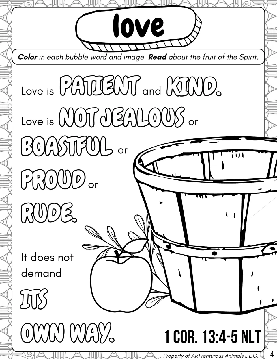 Love: students color bubble words PATIENT, KIND and NOT JEALOUS from 1 Cor. 13:4-5 NLT, plus an apple and basket