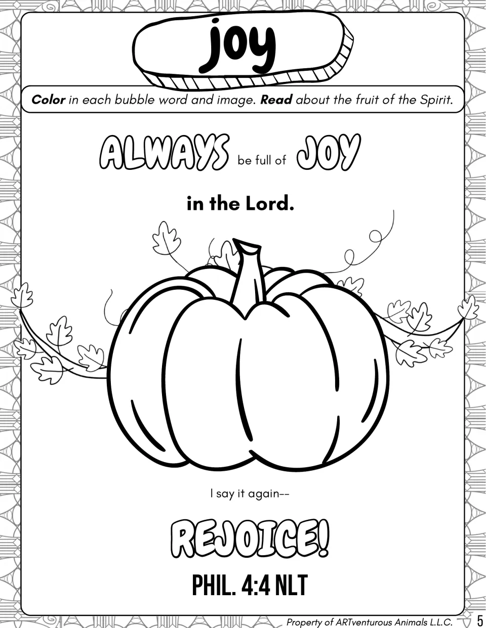 Joy: students color bubble words ALWAYS, JOY and REJOICE from Phil. 4:4 NLT and a pumpkin with fall leaves on a vine