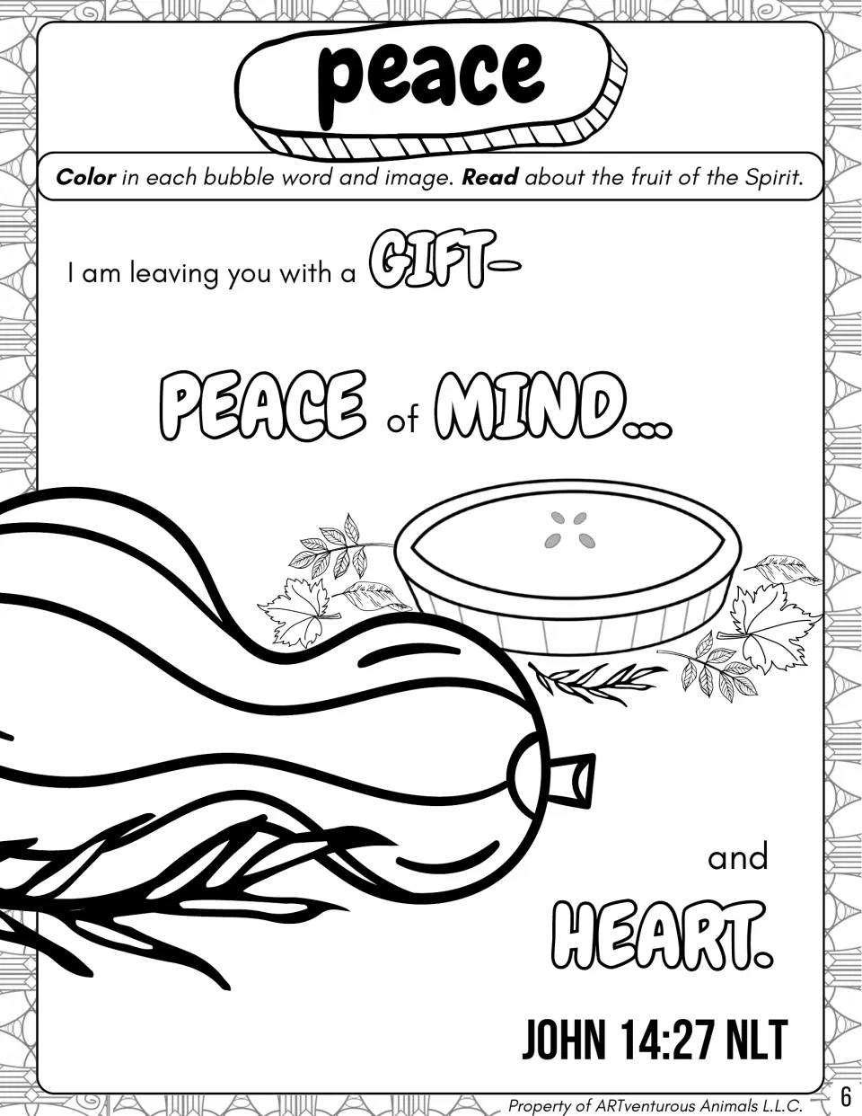 Peace: students color GIFT, PEACE, MIND and HEART from John 14:27 NLT along with a pie, a gourd and autumn leaves