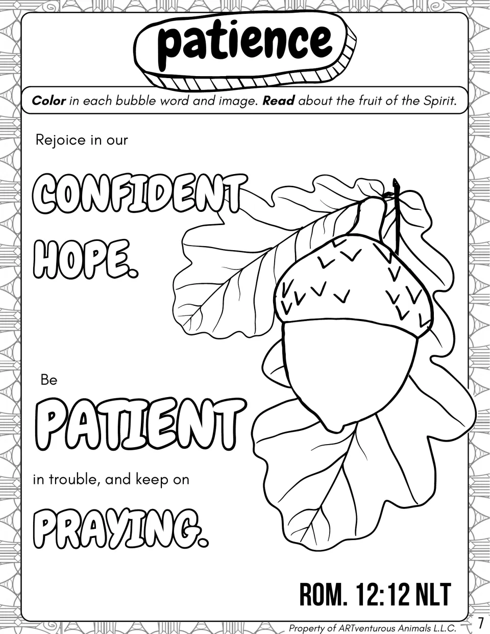 Patience: students color CONFIDENT HOPE, PATIENT and PRAYING from Rom. 12:12 NLT and an acorn hanging among oak leaves