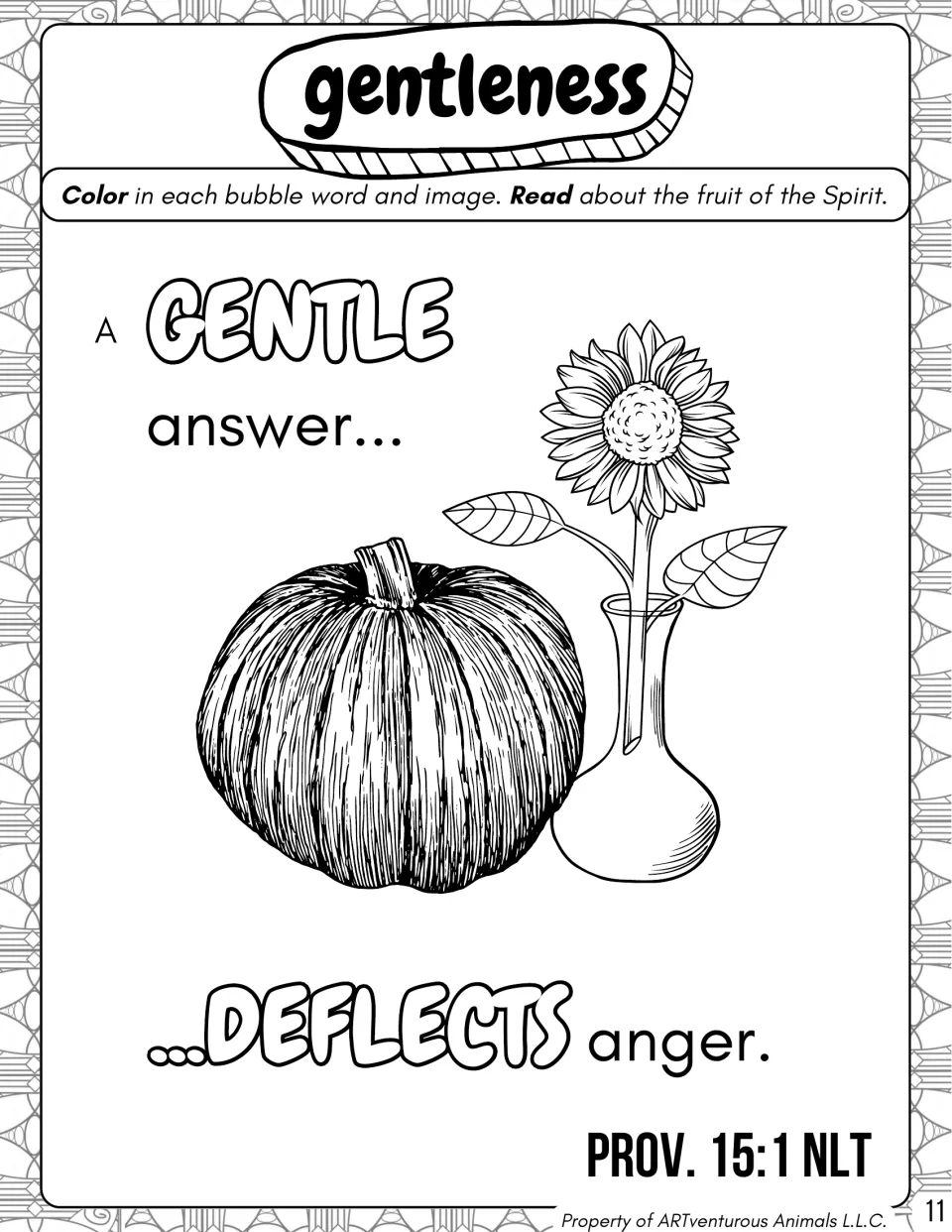 Gentleness: students color GENTLE and DEFLECTS in Prov. 15:1 NLT plus a pumpkin and a sunflower in a vase