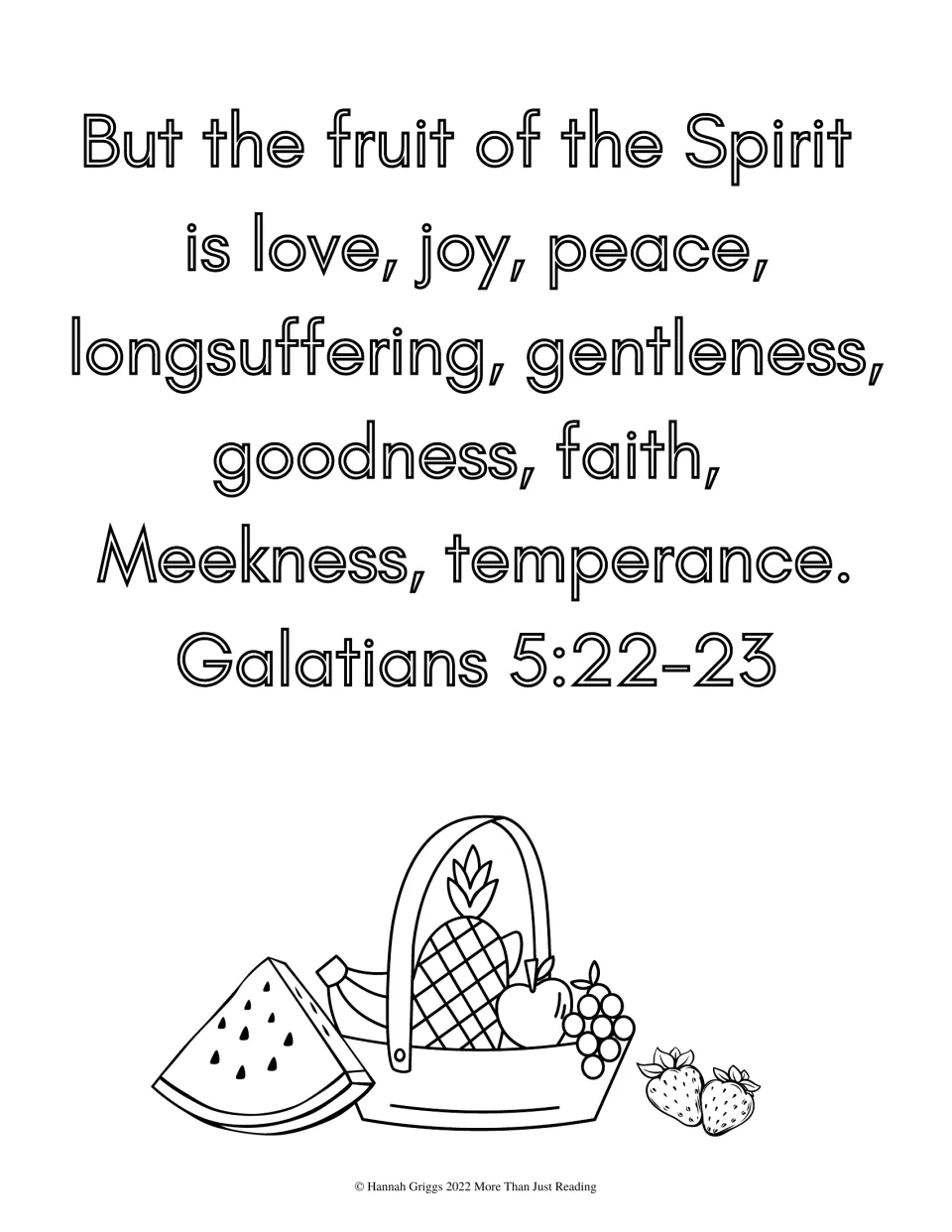 Galatians 5:22-23 in bubble letters listing love, joy, peace and the other fruits; students color it and a fruit basket