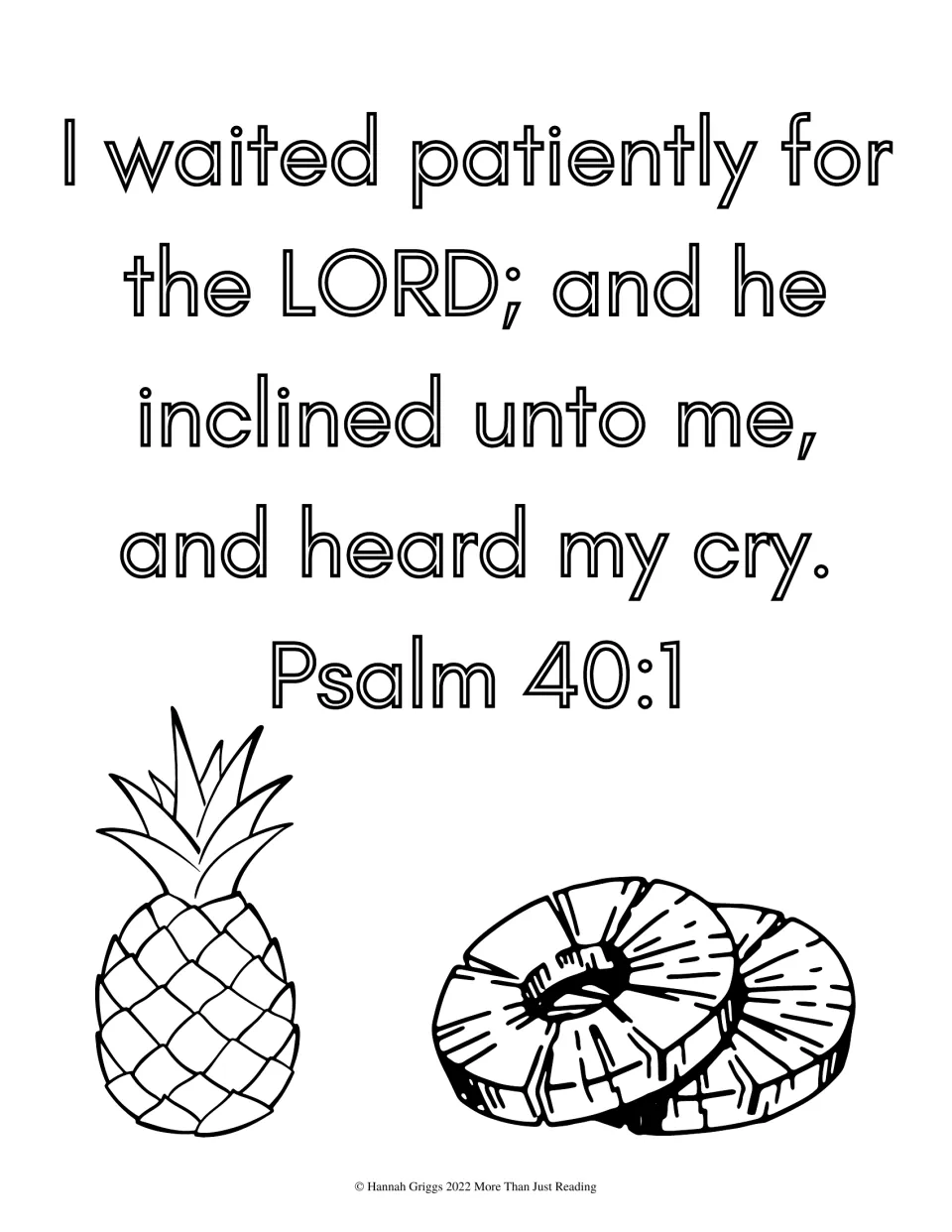 Psalm 40:1, 'I waited patiently for the LORD,' in outline letters for students to color with a whole pineapple and two rings