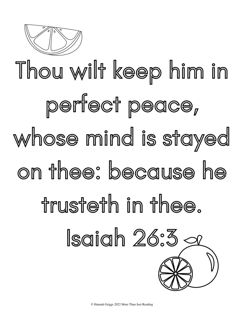 Isaiah 26:3 on being kept in perfect peace by trusting God, in outline letters for students to color with orange slices