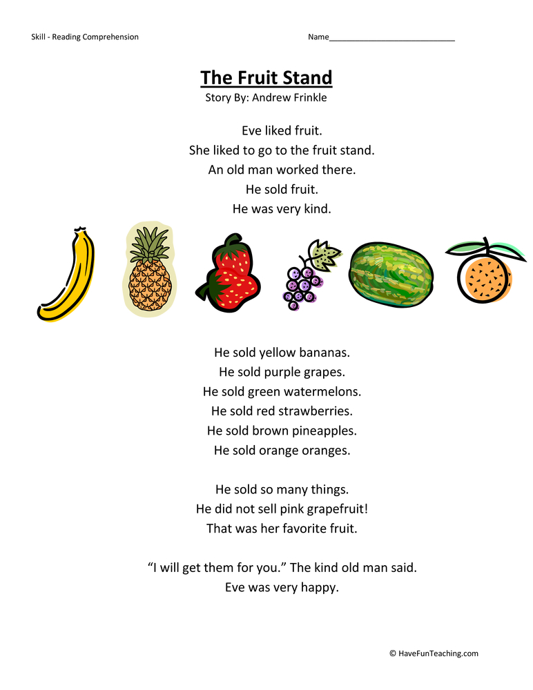 Fruit Stand - Reading Comprehension Worksheet teaching resource preview