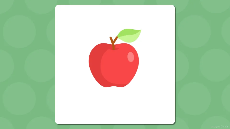 Fruit vocabulary presentation slide showing a red apple without a label, before the labeled apple slide