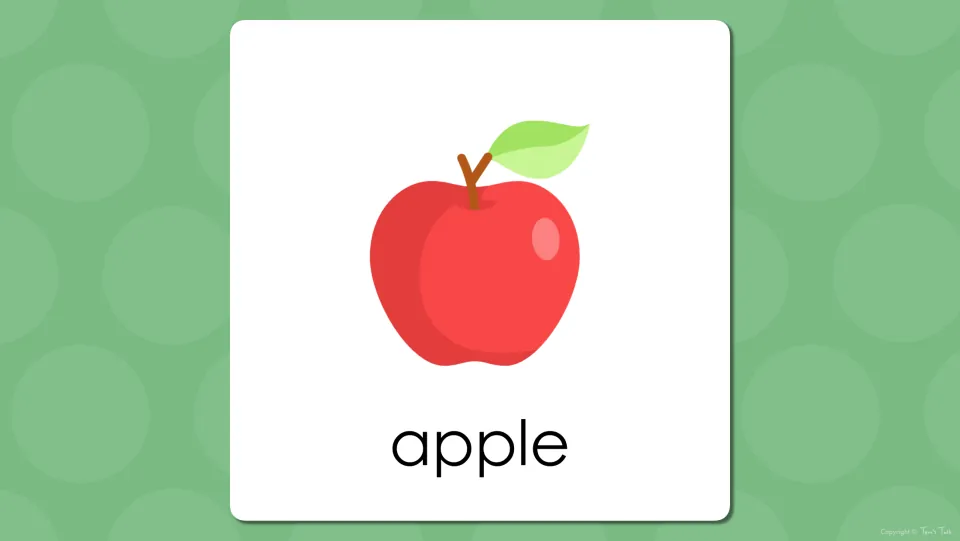 Fruit vocabulary presentation slide showing a red apple labeled 'apple', following its unlabeled picture