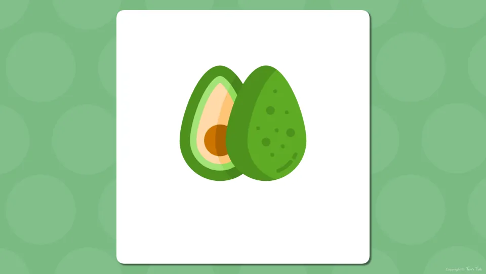 Fruit vocabulary presentation slide showing an avocado and a cut half without the vocabulary word label