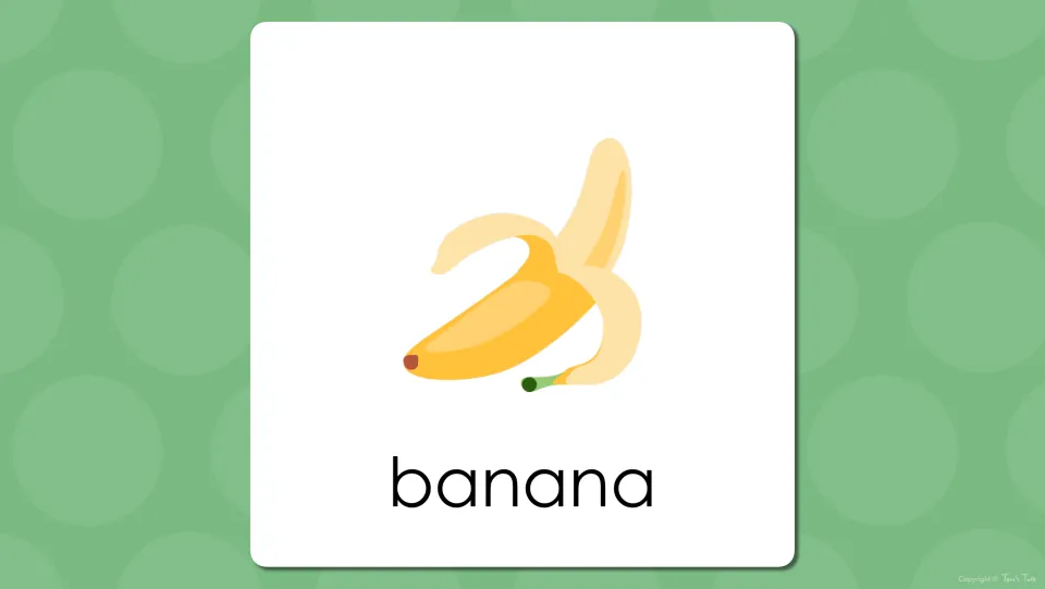 Fruit vocabulary presentation slide showing a partly peeled banana labeled 'banana', after its picture slide