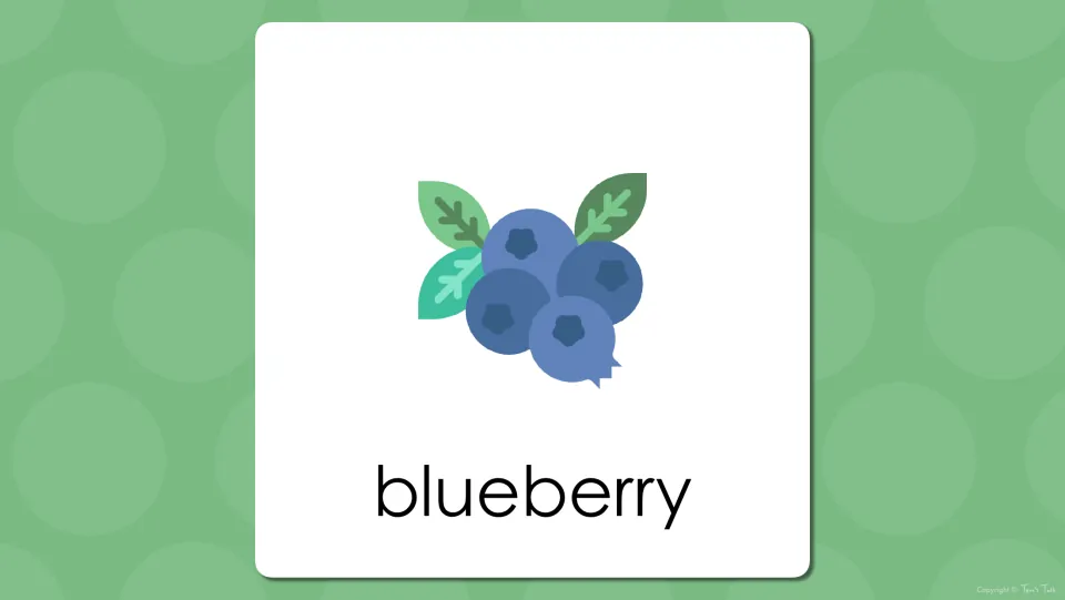 Fruit vocabulary presentation slide showing a cluster of blueberries with the singular word label 'blueberry'