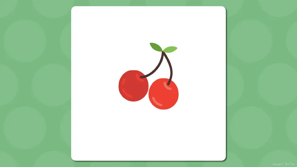 Fruit vocabulary presentation slide introducing cherries with two red cherries on stems and no word label