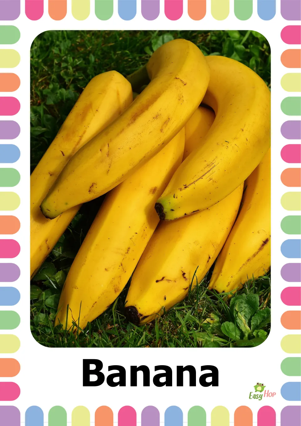 Banana flashcard: a real photo of ripe yellow bananas lying on green grass above the word Banana, for naming practice