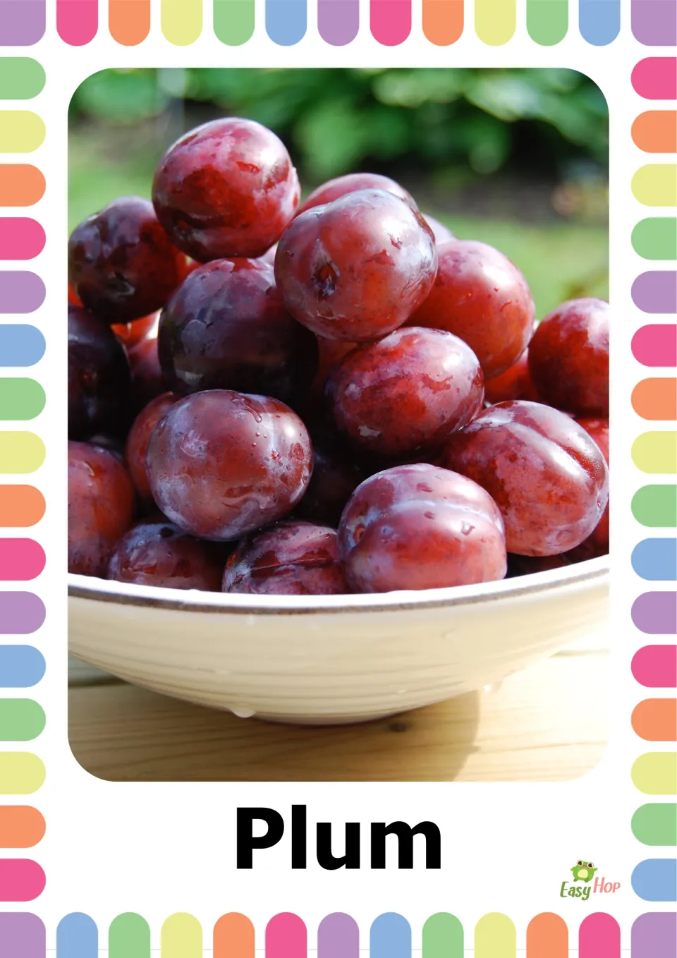 Plum flashcard: shiny dark red plums piled in a white bowl, labeled Plum, for students to name and say the fruit word