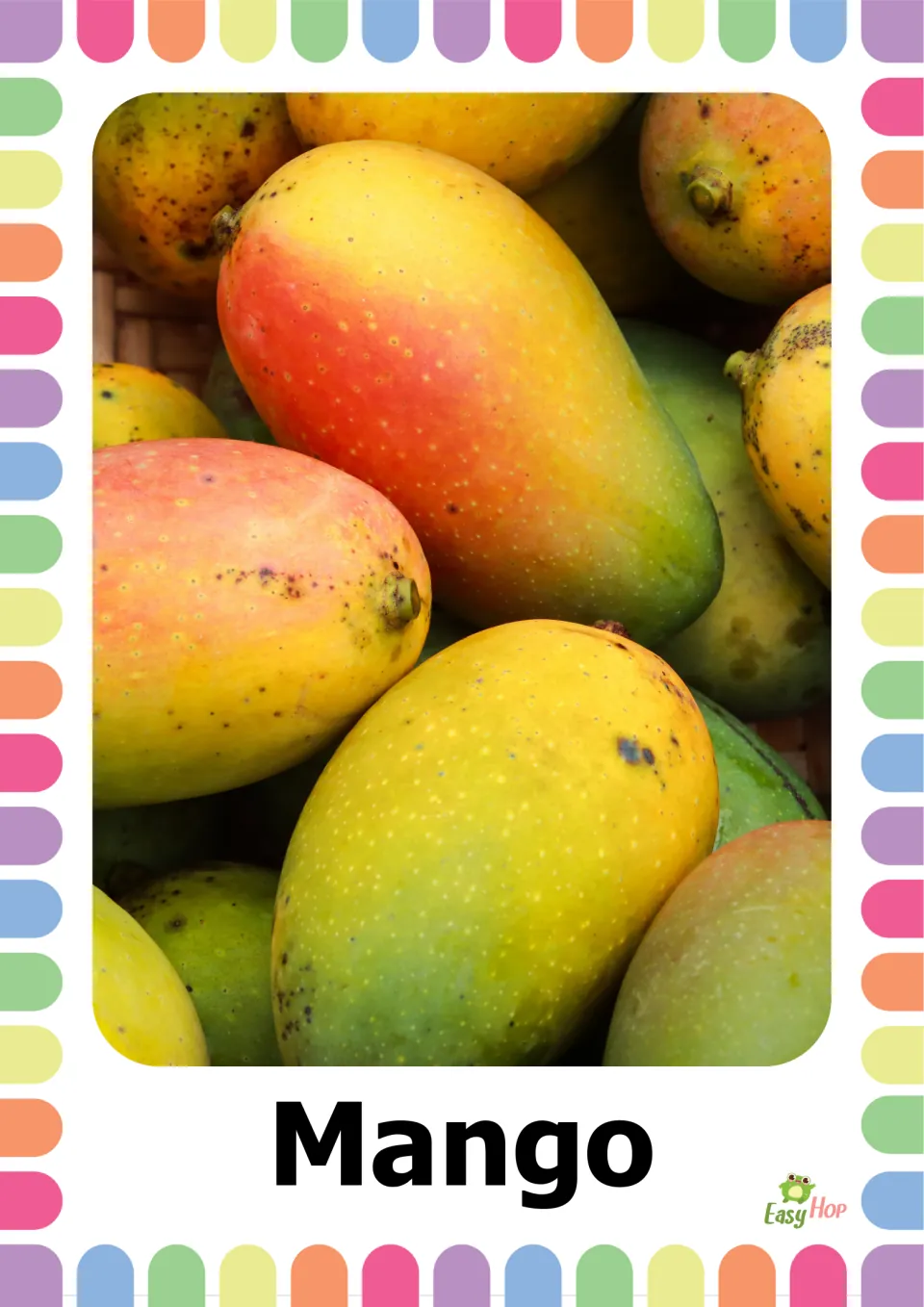 Mango flashcard: red, yellow and green mangoes piled together, labeled Mango, for building fruit naming vocabulary
