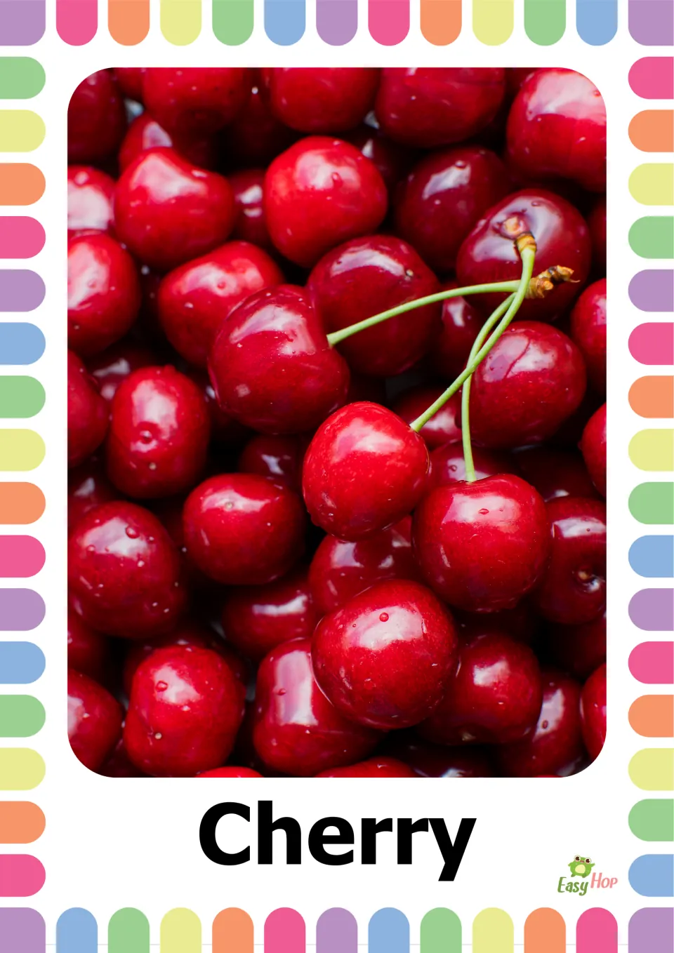 Cherry flashcard: glossy red cherries, a few with green stems, labeled Cherry, for naming fruit and saying the word