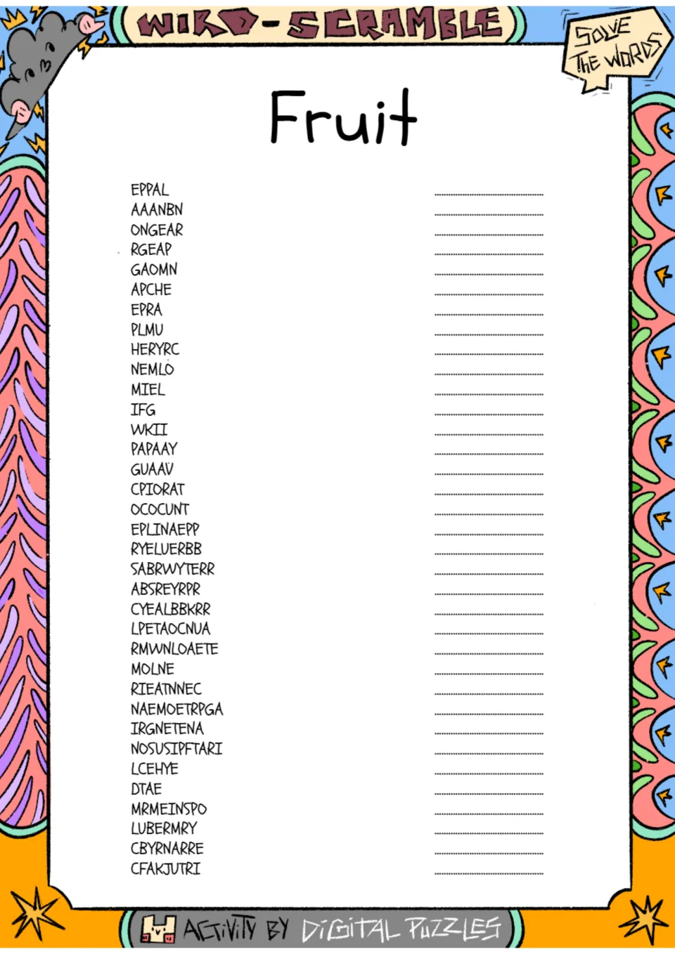 Fruit word scramble: students unscramble 35 fruit names such as EPPAL, AAANBN and ONGEAR and write each correct word