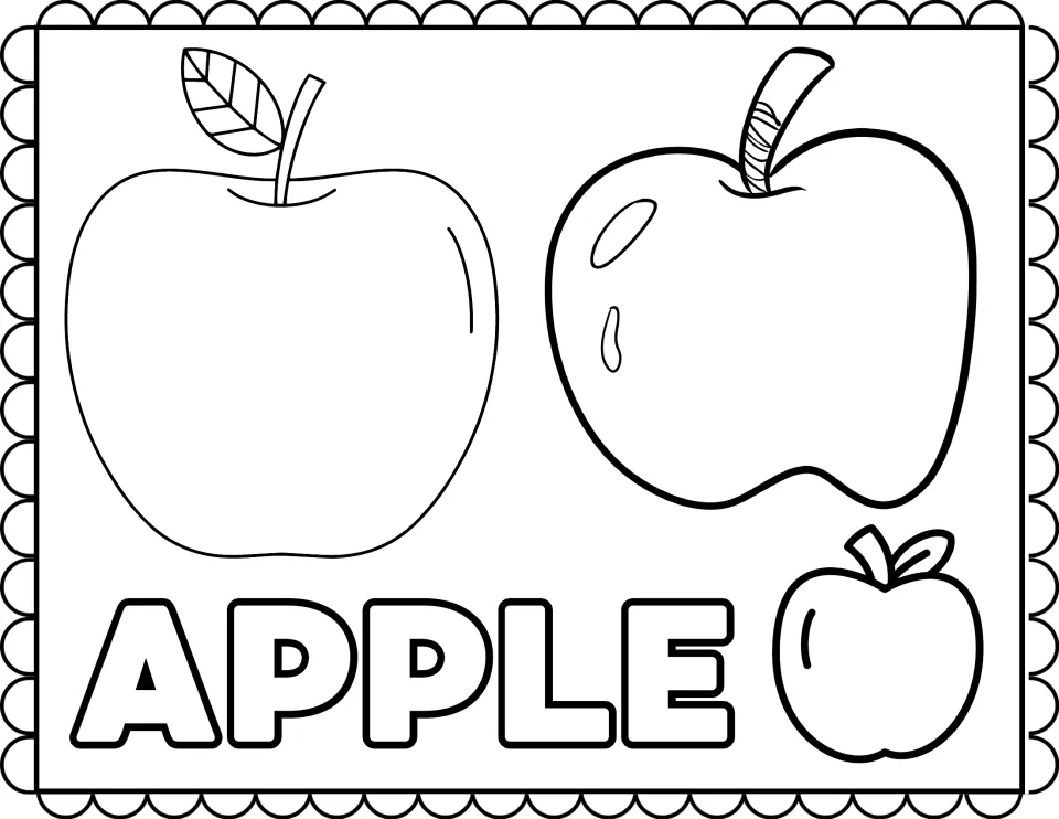 Apple coloring page: students color two large apples and a small apple with leaves beside the word APPLE in bubble letters
