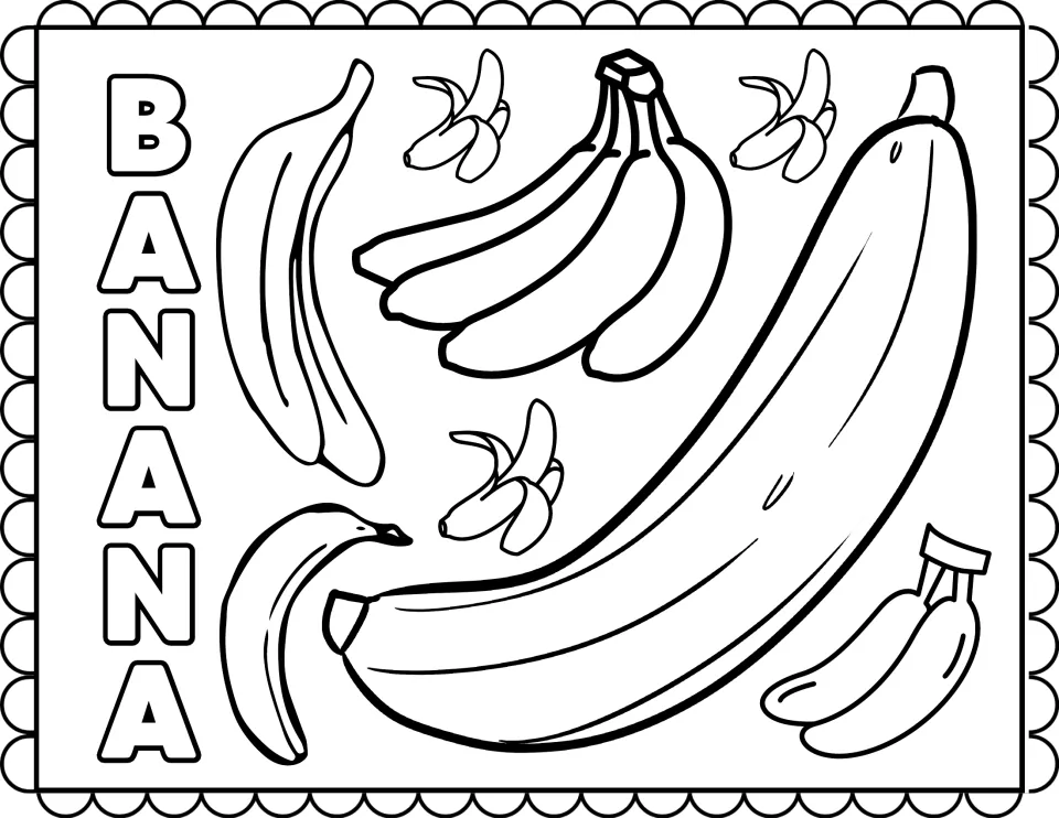 Banana coloring page: students color single bananas, bunches and peeled bananas next to BANANA written down the left side