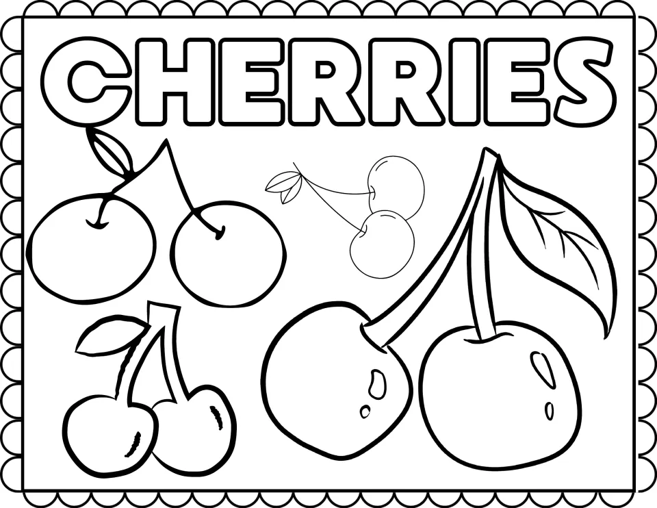 Cherries coloring page: students color four pairs of cherries on stems, some with leaves, below the heading CHERRIES