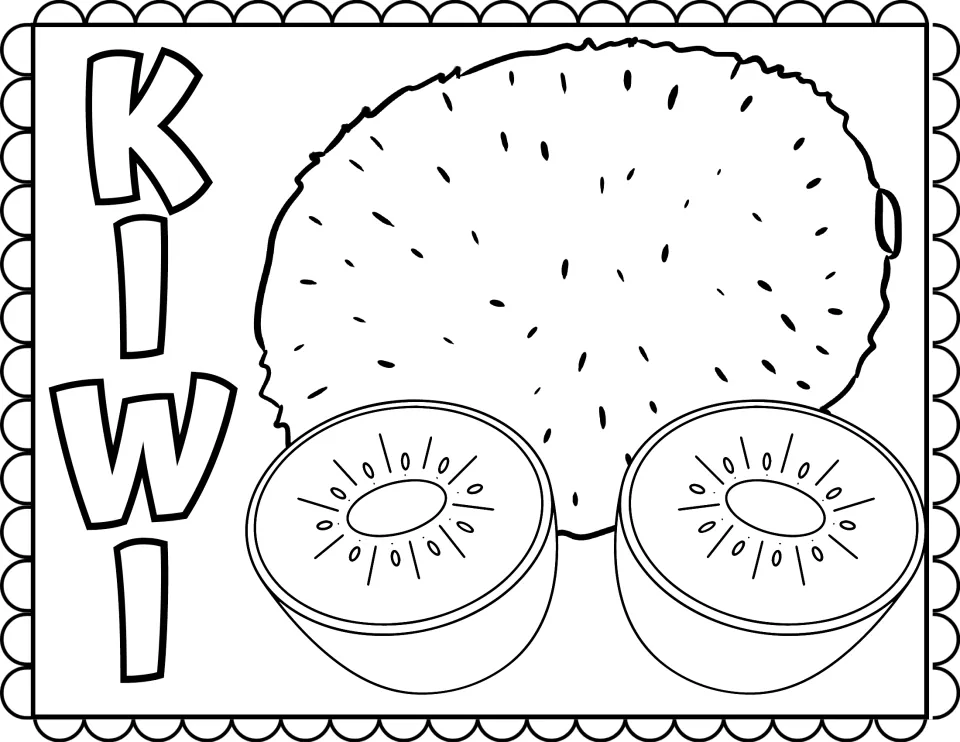 Kiwi coloring page: students color a whole fuzzy kiwi and two cut halves showing seeds, with KIWI spelled down the side