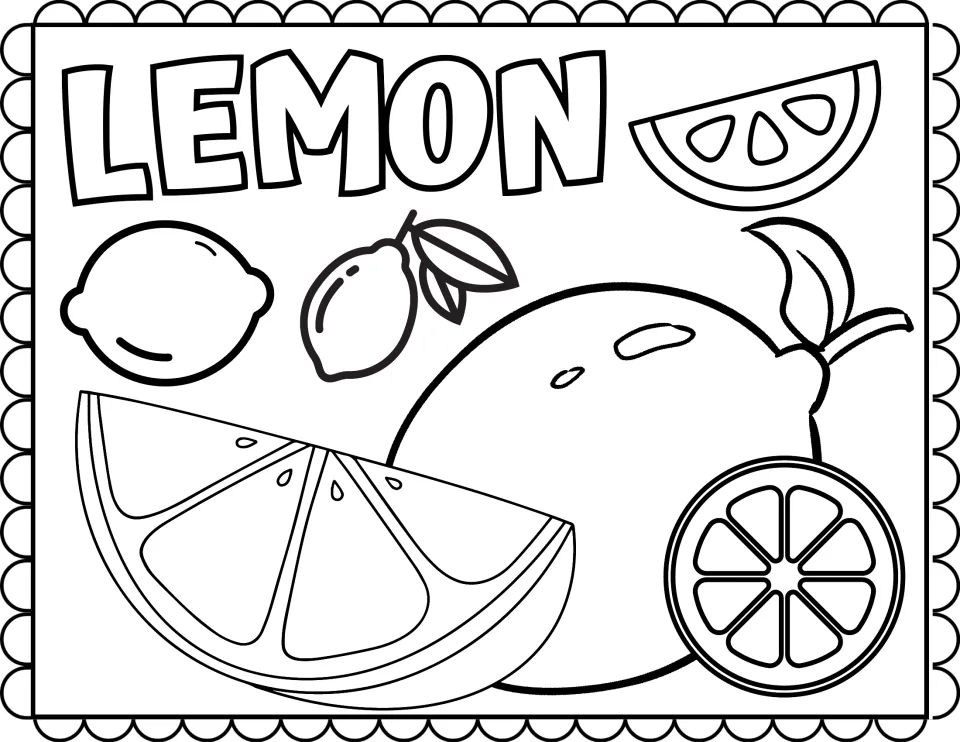 Lemon coloring page: students color whole lemons, a lemon with leaves, a wedge and a round slice under the word LEMON