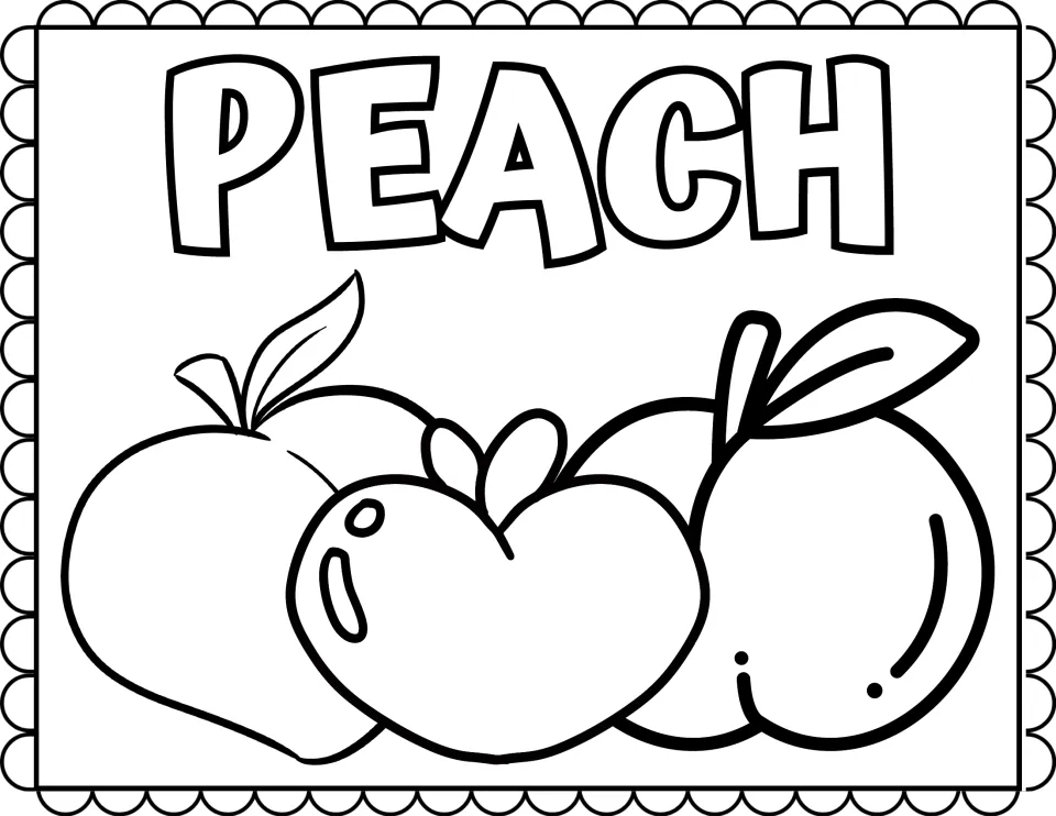 Peach coloring page: students color three round peaches with stems and leaves grouped under the bubble-letter heading PEACH