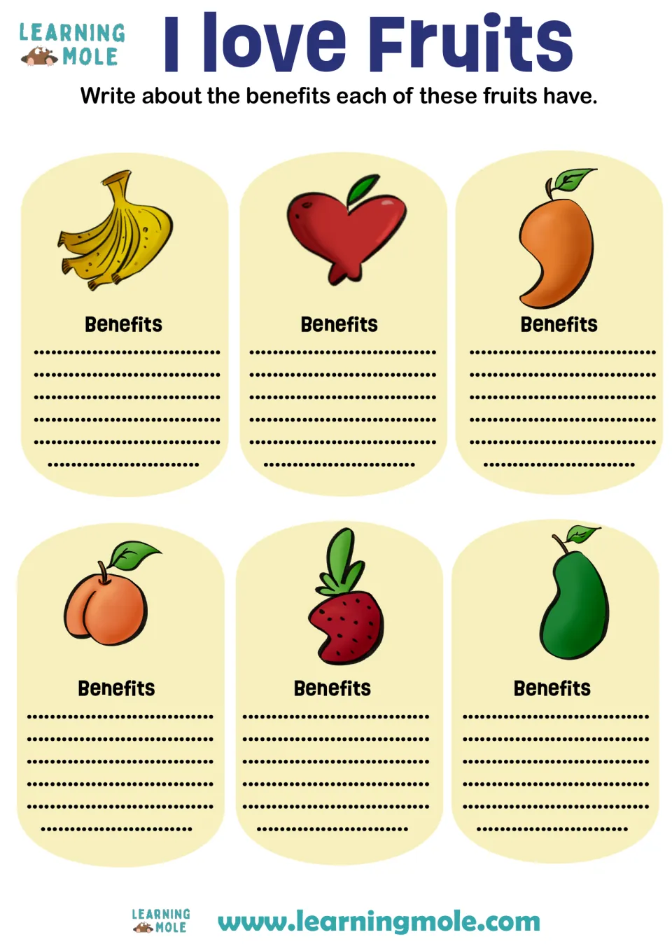 I love Fruits writing task: students write about the benefits of six pictured fruits, including a banana and a strawberry
