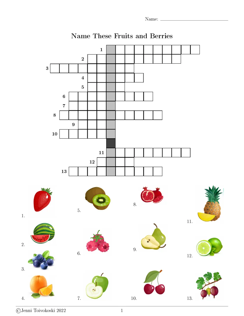 Name These Fruits and Berries: students identify 13 pictured fruits, such as kiwi and pomegranate, to fill in a crossword