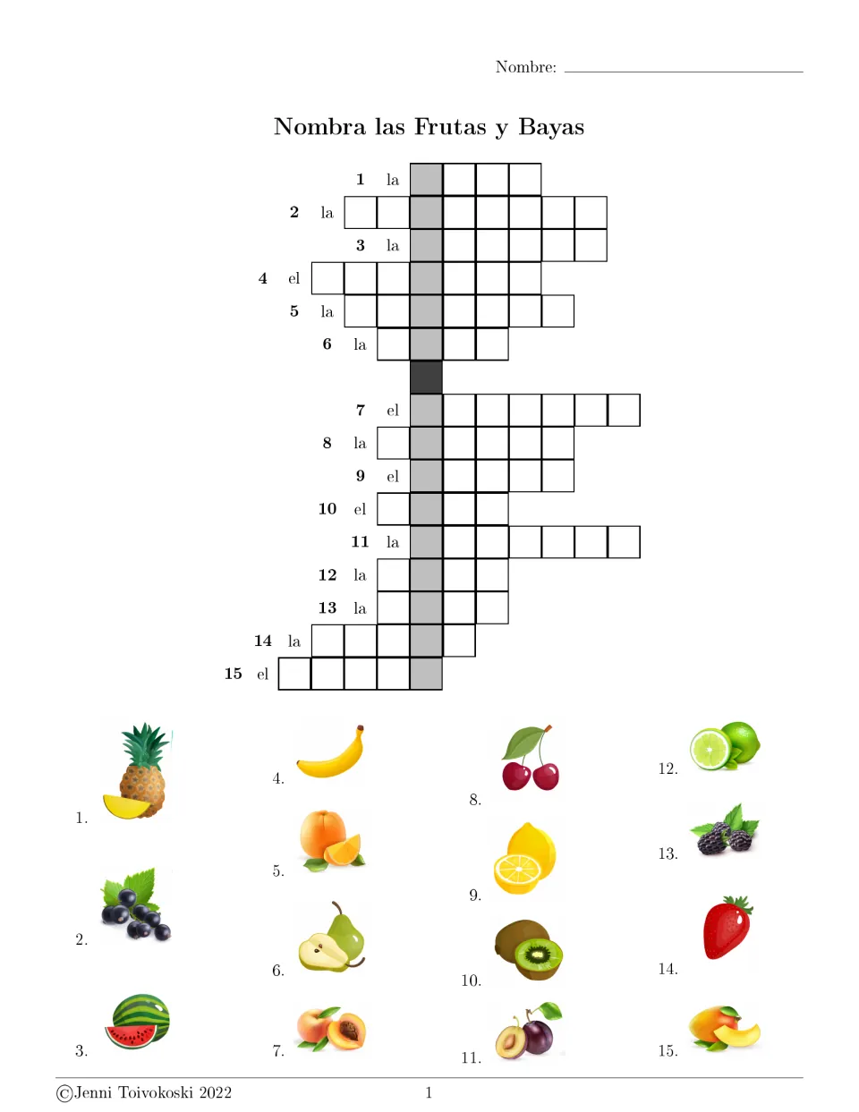 Spanish fruit and berry crossword with 15 picture clues, including piña (pineapple), pera (pear), and mango