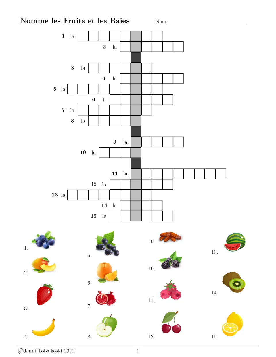 French fruit vocabulary crossword: students write the French name for 15 pictured fruits and berries with la, le or l'