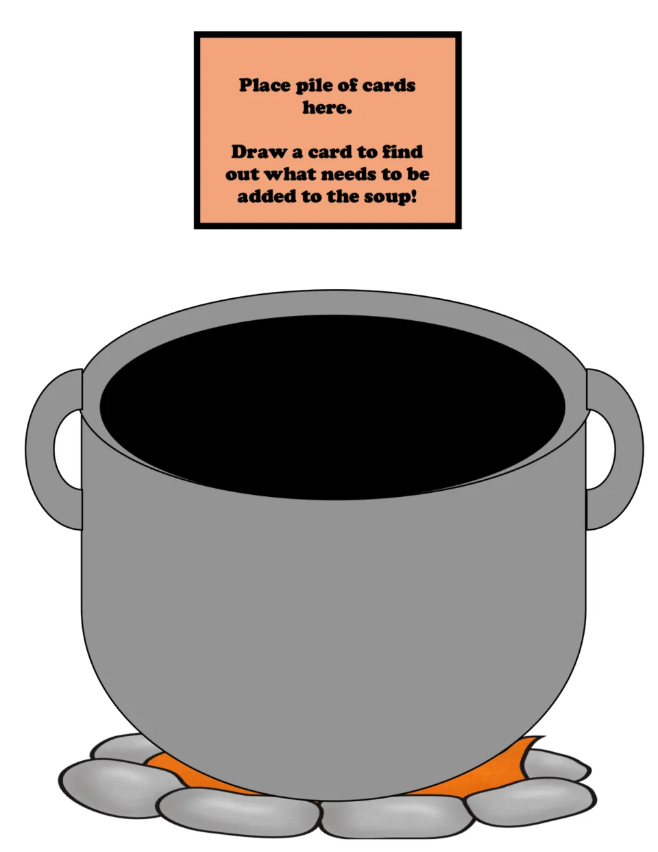 Soup-pot game board for adding food cards, with directions to draw a card to find what goes into the soup