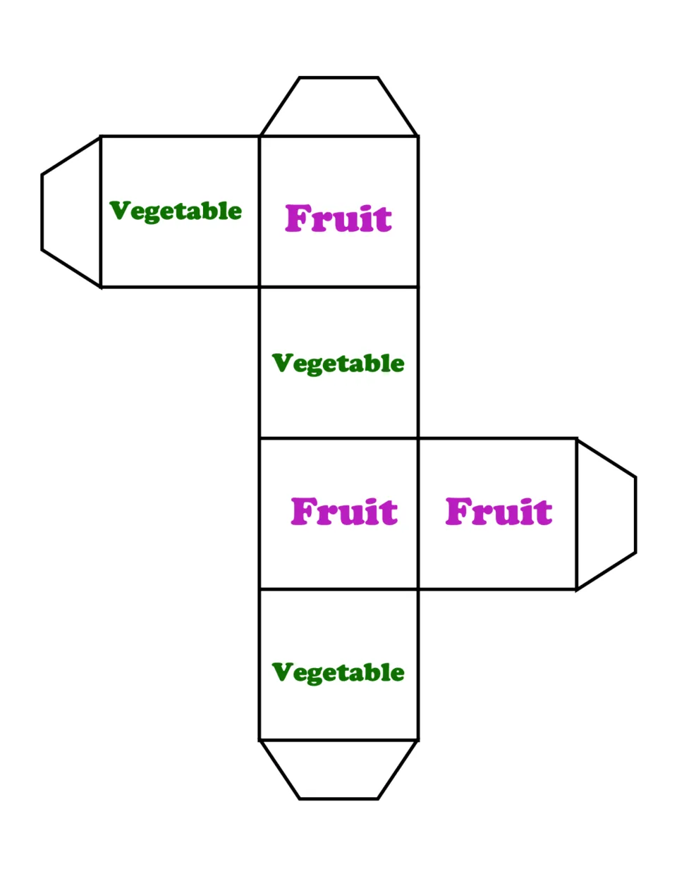 Foldable game die with three faces labeled Fruit and three labeled Vegetable for choosing a food card