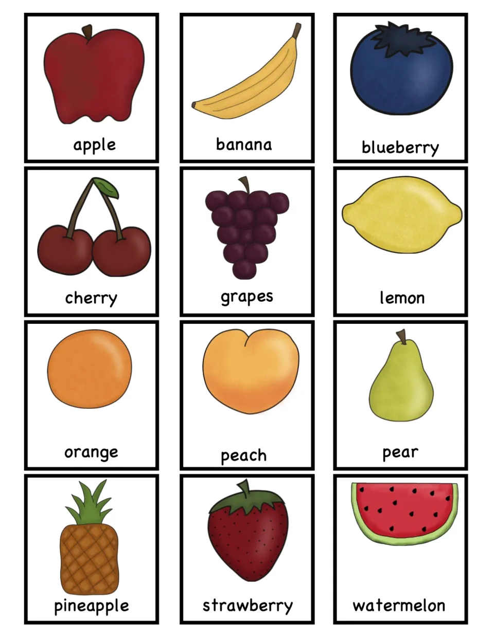 Twelve labeled fruit cards for the soup game: apple, banana, blueberry, cherry, grapes, lemon, and six more