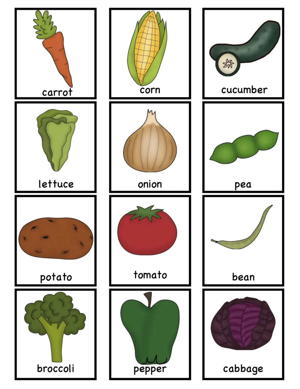Twelve labeled vegetable cards for the soup game: carrot, corn, cucumber, lettuce, onion, pea, and six more