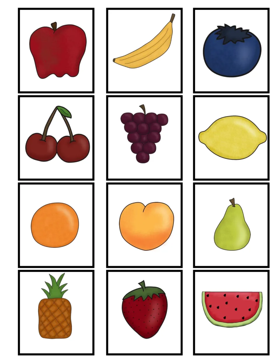 Twelve unlabeled fruit picture cards for the soup game: apple, banana, blueberry, cherry, and eight more