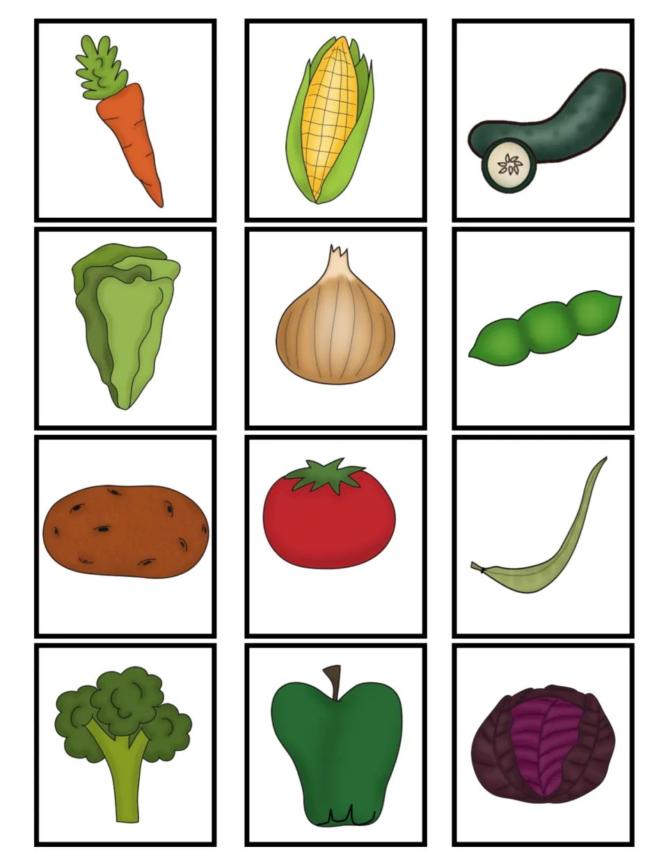 Twelve unlabeled vegetable picture cards for the soup game: carrot, corn, cucumber, lettuce, and eight more