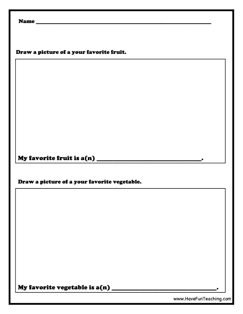 Favorite-food response sheet asks students to draw a favorite fruit and vegetable and complete sentences