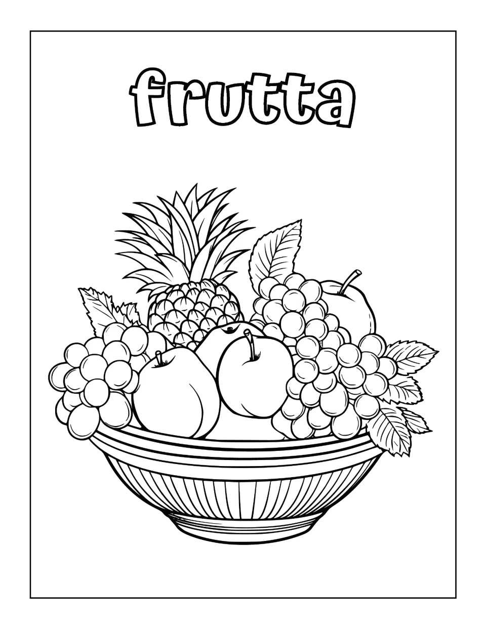Italian word frutta in outline letters above a fruit bowl of pineapple, apples and grapes for students to color